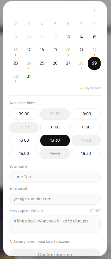 The live booking widget on this site: a calendar and time-slot picker with name, email and message fields.