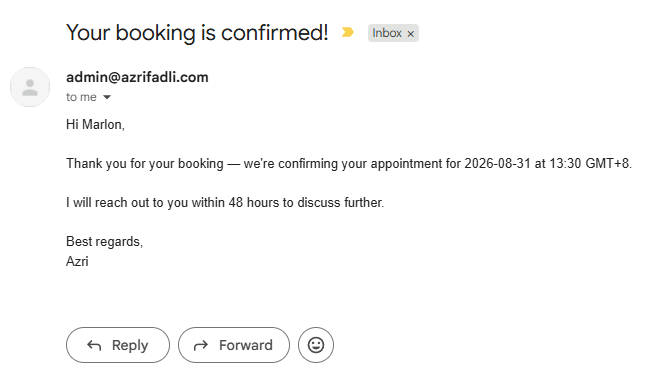 Branded confirmation email from admin@azrifadli.com confirming a booked discovery call appointment.