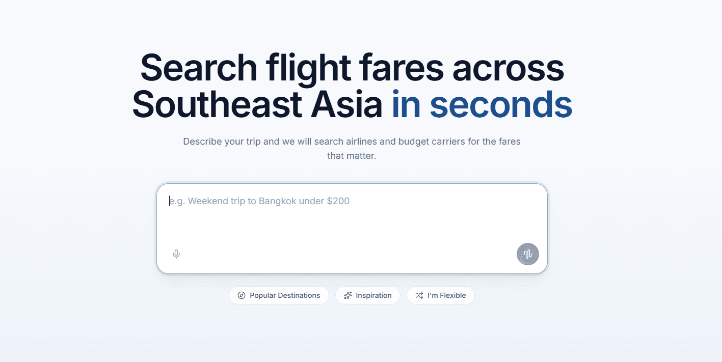 FlyMeHere landing page with a plain-language trip search box
